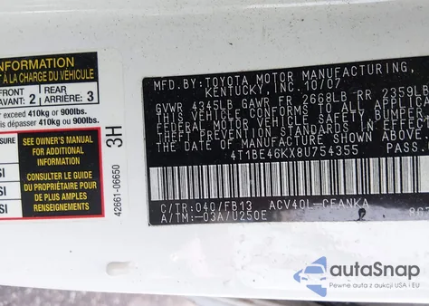 2008 Toyota Camry из США, поврежденный, VIN 4T1BE46KX8U754355